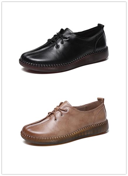 

brand cowhide women's casual shoes low cut handmade casual shoes beef tendon soles flat shoes, Black