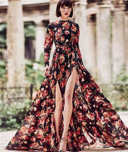 

fashion-floral print womens casual dresses puff sleeve split womens designer voluminous dresses casual females clothing, Black;gray