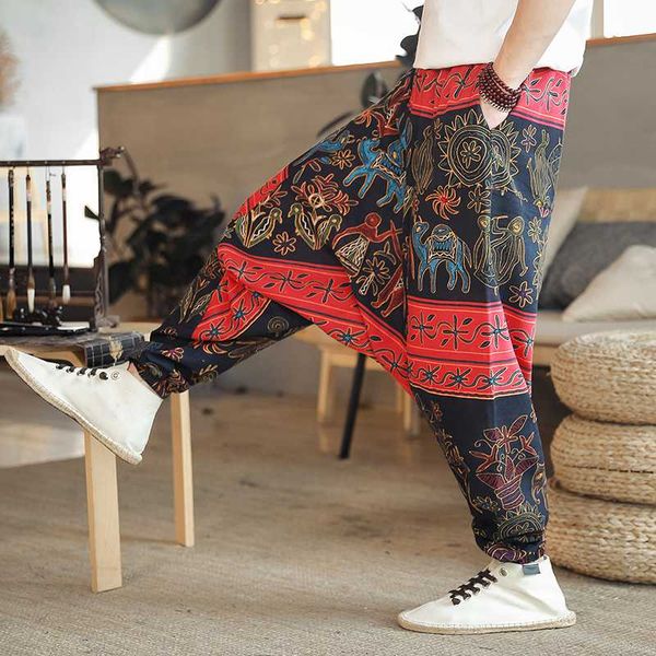

men's pants casual trousers summer japanese crotch chinese style nepal linen printed large, Black