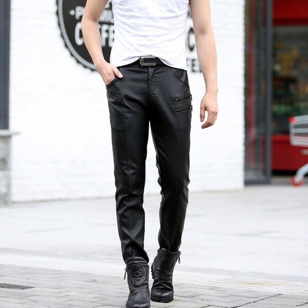 

fashion mens skinny pu leather motorcycle pencil pants new zipper slim fit faux leather trousers punk long pants plus size m-5xl, Black