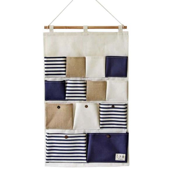 

cotton linen art striped plain stitching wall storage hanging bag multi-layer wall hanging bag waterproof bags