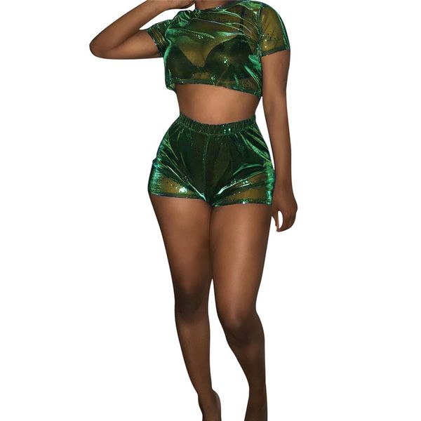 

mesh 2 piece set women summer short sleeve crop t shirt and shorts set suit women tracksuit club 2 piece outfits, White