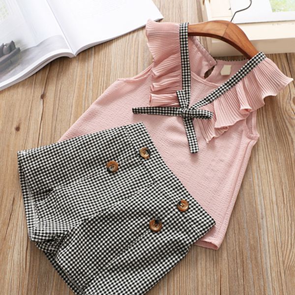 

girls clothing sets 2019 new style summer children clothes cute plaid lace + white bow short pants 2pc kids clothes sets