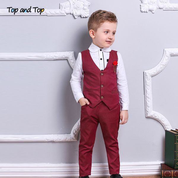 

and fashion boy clothes set boys formal suits cotton bow tie long sleeve shirt+vest+trousers 3pcs kids gentleman outfit t200707, White