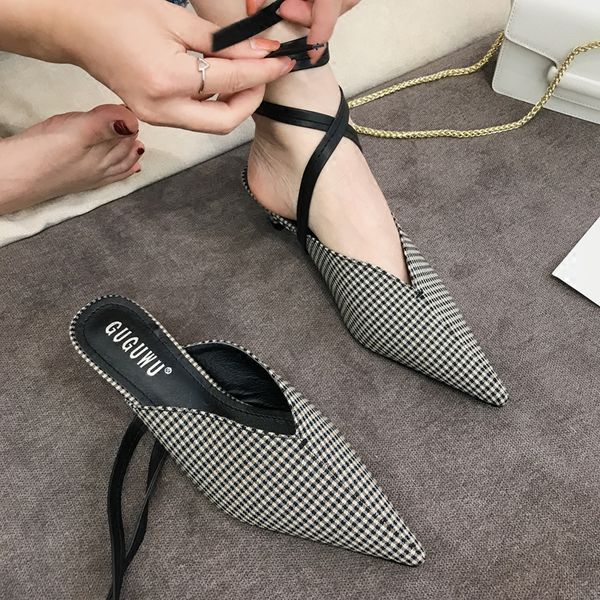 

european luxury pointed toe v open mules slippers ladies cat heels sandals narrow band ankle strap slides lazy slip on flipflops, Black