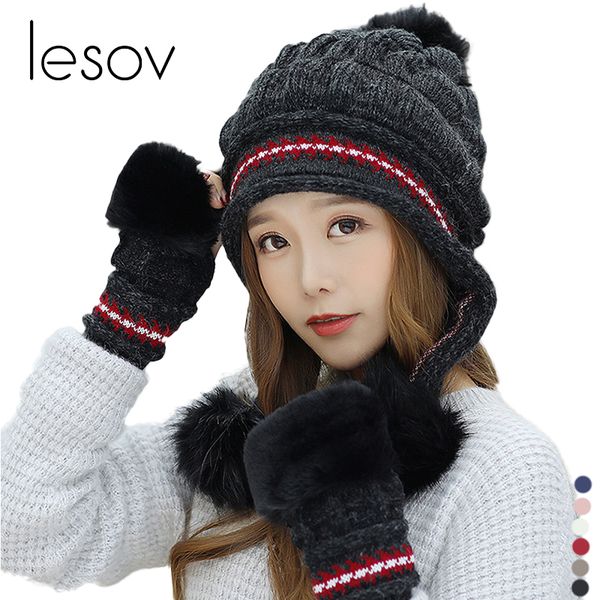 

lesov 1 set knitted winter gloves beanie hat women pompom slouchy beanies skull cap fingerless gloves mittens gorro luvas mujer, Blue;gray