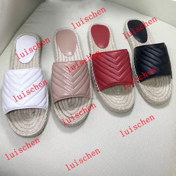 

new women leather espadrille sandal designer platform shoes lady straw cord luxury slipper with the double metal big size, Black