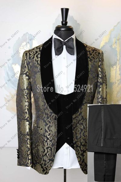 

men suits gold pattern and black groom tuxedos shawl velvet lapel groomsmen wedding man ( jacket+pants+vest+tie ) c698, White;black