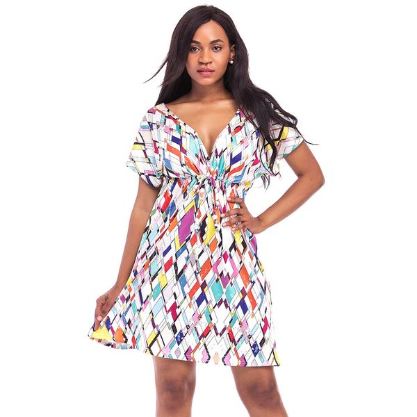 

women beachwear 2019 new women plus size print mini dress v neck short sleeve elastic waist summer beach pleated dress g10511w-2xl