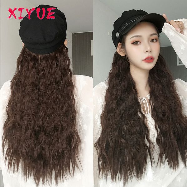 

xiyue long curly wigs with hat synthetic natural fake hair women autumn winter fashion new wig octagonal hats, Black
