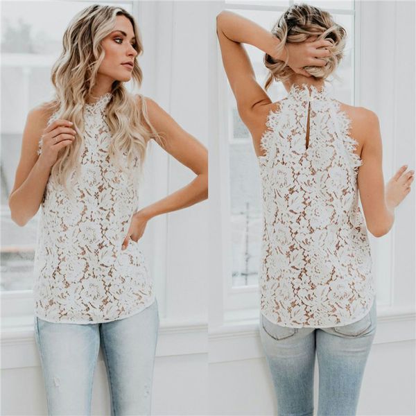 

dhl женская летняя повседневная кружева вязаные вязаные рубашки свободные рубашки топы без рукавов sexy холтер выдалбливают майки блузки, White