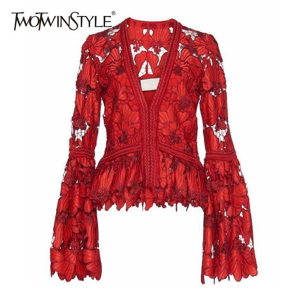 

twotwinstyle elegant women's shirt blouse v neck flare long sleeve hollow out red female ladies fashion clothes 2018 autumn, White