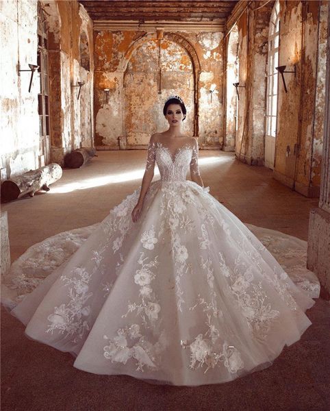 

свет шампанское кристалл бисера бальное платье свадебное daresses роскошные длинные рукава 3d цветы арабский дубай плюс размер свадебные пла, White