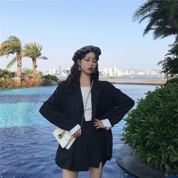 

spring two piece skirt suit female oversized casual black blazer jacket+button mini a line skirt summer women blazer suit, White;black