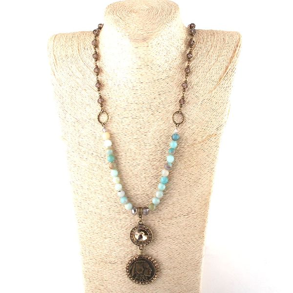 

fashion bohemian tribal jewelry natural stone & glass crystal long chain metal crystal disco pendant necklaces for women, Silver