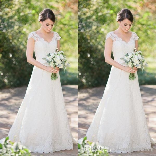 

country style lace a line wedding dresses 2019 vestido de noiva v neck cap sleeve open back pleats bridal gowns handmade custom made, White