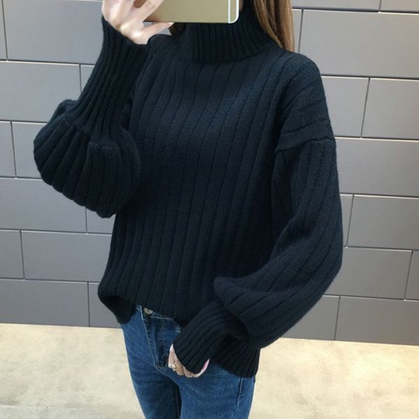 

women warm knitted sweaters autumn winter thicken turtleneck sweater fashion lantern sleeve female casual basic pullovers, White;black