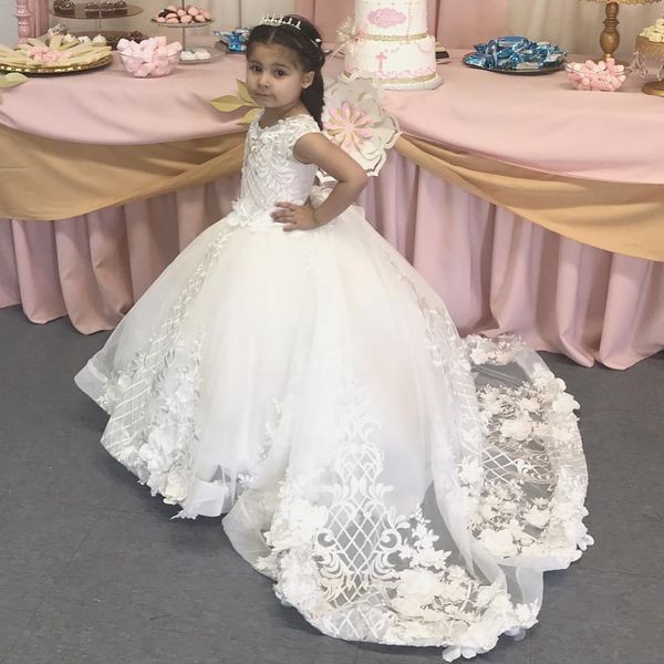 

lovely ball gown lace flower girl dresses for wedding bateau neck toddler birthday pageant gowns sweep train tulle kids prom dress, White;blue