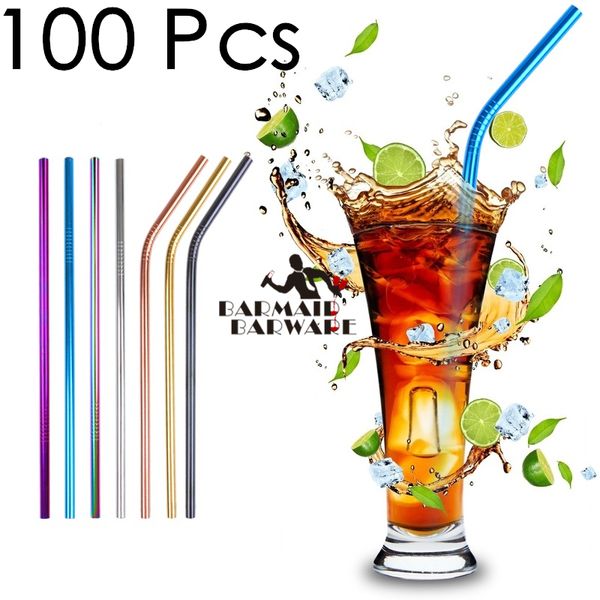 

colorful 100pcs straws + 10pcs brushs straight or bent metal drinking straw stainless steel reusable straws for beer fruit juice