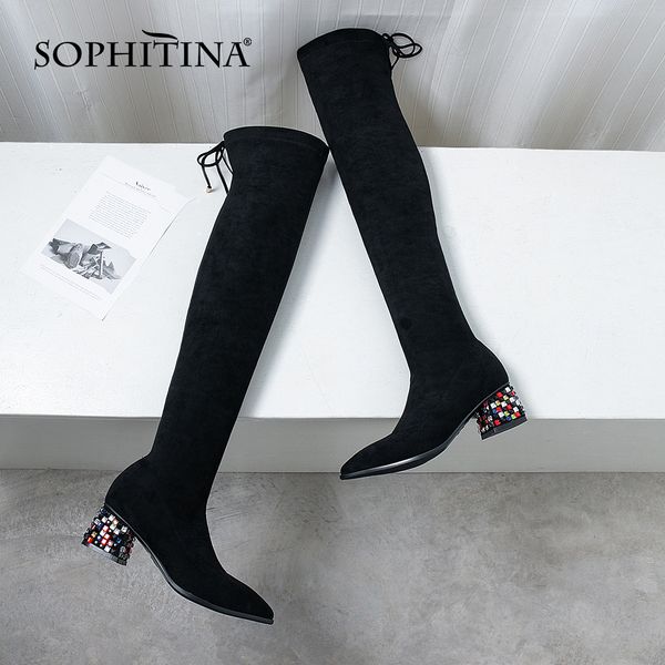 

sophitina fashion design boots elegant comfortable paste drill square heel pointed handmade shoes women stretch boots po359, Black