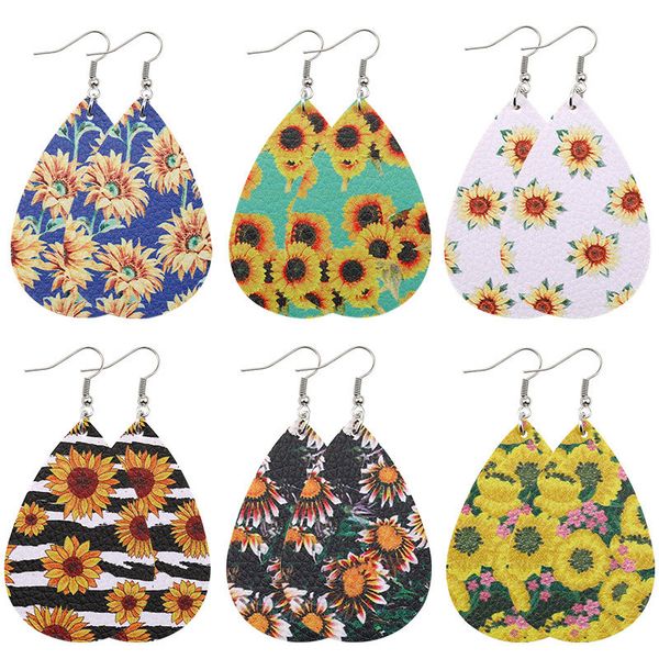 

mixed style fashion pu leather flower print dangle for women girl bohemian double side earring jewelry, Silver