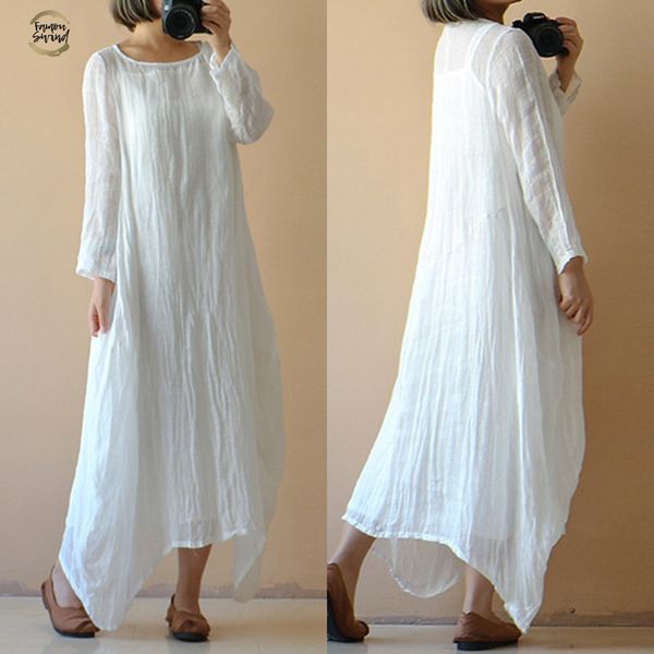 

women vintage cotton dress plus size 2019 summer ladycasual o neck long sleeve solid long maxi dress kaftan beach vestido, Black;gray