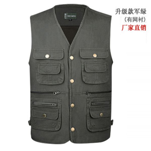 

2020 men cotton spring and autumn multi-pockets vest loose-fit washing pure cotton single breasted solid color waistcoat, Black;white
