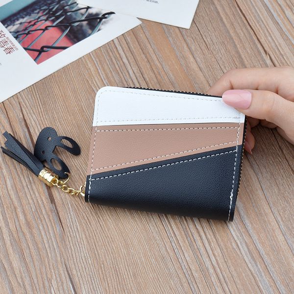 

2020 new small wallet women's short zipper fringe wallet fashion korean splicing color contrast pocket card bag, Red;black
