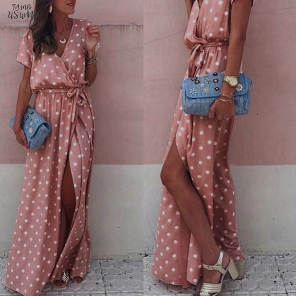 

women pink wave point v neck maxi dress female fork opening ladies polka dot split summer dress vestido boho, Black;gray
