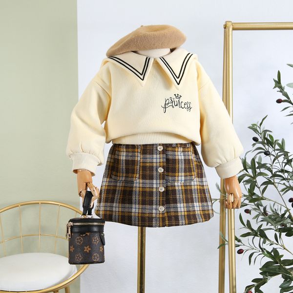 

girls' suits 2019 autumn and winter new of the college wind big lapel sweater lattice a word short skirt thick two-piece, White