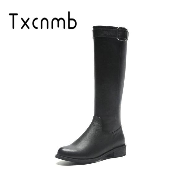 

txcnmb new arrival women knee high boots autumn winter warm genuine leather high heels shoes woman round toe punk boots, Black