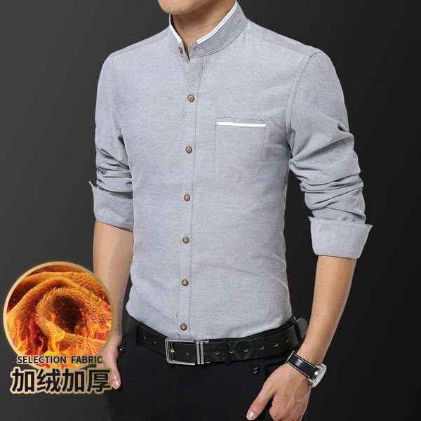

2019 winter korean casual plus velvet men's youth slim collar warm long-sleeved shirt, White;black