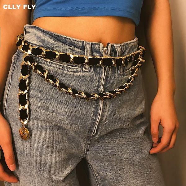 

vintage alloy metal chain belt women fashion tassel flannel gold waist belt ladies female exaggerated velvet waist chain belts, Black;brown