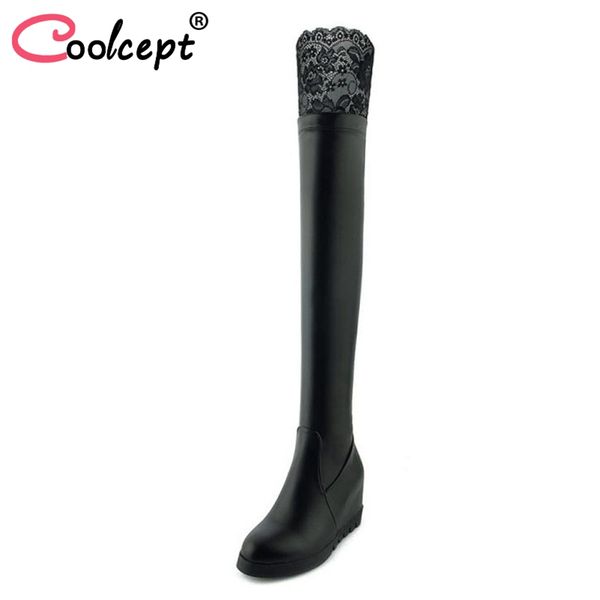 

coolcept fashion women over knee boots embroidery warm fur winter shoes woman platform thigh high boots size 33-43, Black