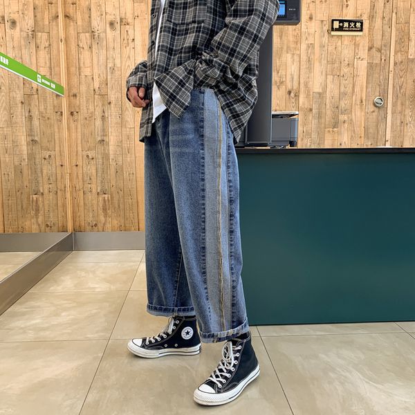 

straight jeans men's fashion washed retro contrast color casual jean pants men streetwear loose hip hop denim trousers mens, Blue