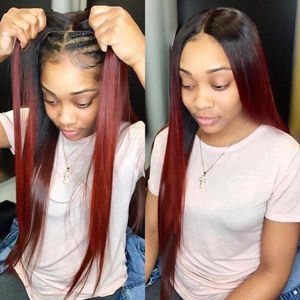 

silky straight heat resistant synthetic lace front wig with naturla hairline 180% density long red wigs for black women