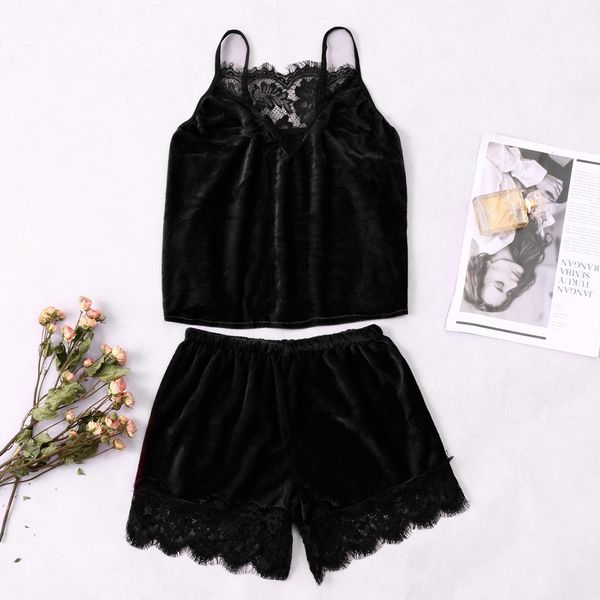 

velvet lace sleepwear new pajamas sets lace pyjamas for women v-neck pijama summer sleepwear lace nightwear lingerie #w, Black;white