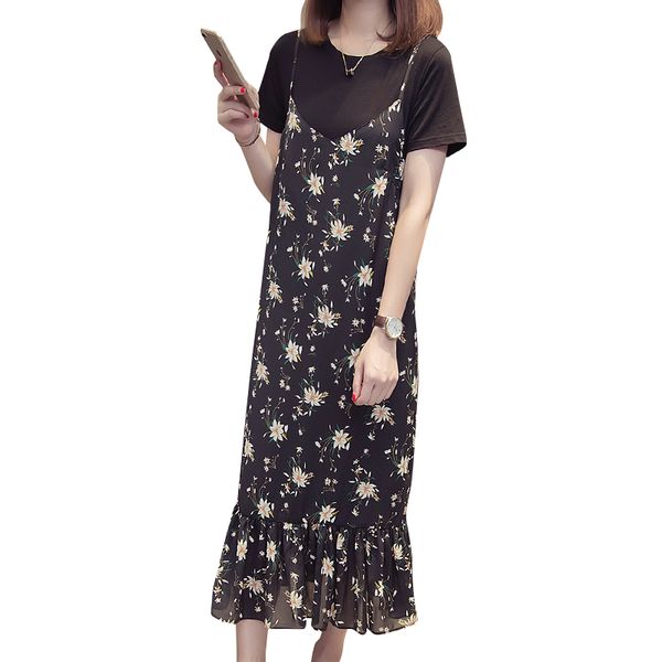 

summer women long dress new fashion floral halter 2 piece set women plus size loose short sleeve sweet frocks robe femme vestido, Black;gray