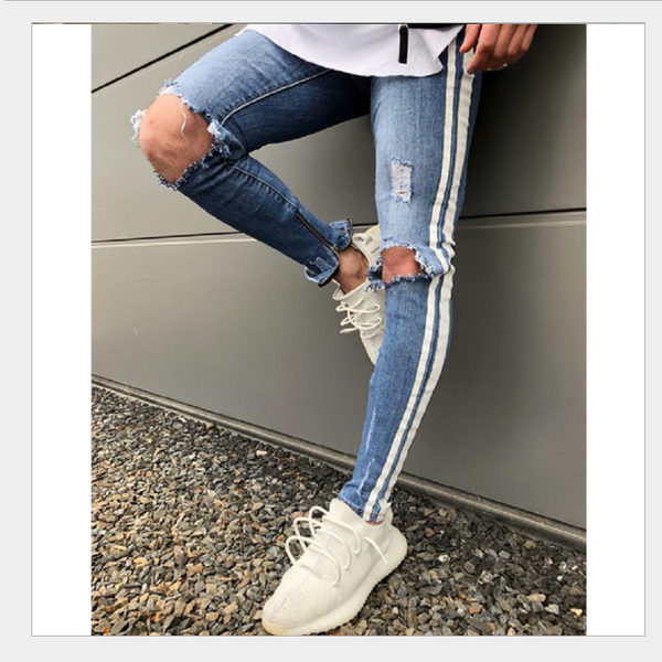 

fashion ripped jeans men's stretch trousers men's casual jeans pants male spliced solid color cotton personality pants, Blue