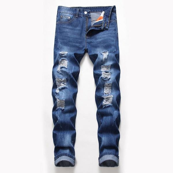 

mens new arrival solid hole jeans plus size jeans 4 colors slim fit male biker club denim pants, Blue