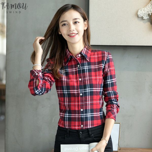 

2020 new brand plaid shirt female college style womens blouses long sleeve flannel plus size cotton blusas office, White