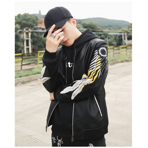 

man jacket motorcyclist feather embroidery faux leather coat retro american casual wear winter warm mantle men drop shipping, Black;brown