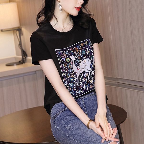 

black silk short-sleeved female 2020 printed t-shirt t-shirt round collar all-match cotton stitched mulberry silk top, White