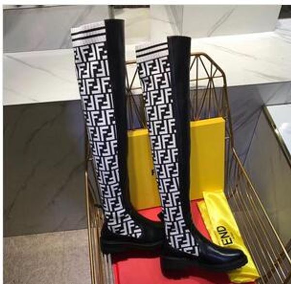 

2019 fashion luxury designerwomen socks boots 24 inch slim over the knee high boots elastic knitted thigh flat heel ladies winter boots, Black