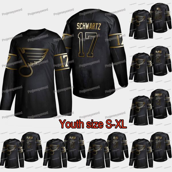 

Youth St. Louis Blues Jaden Schwartz 2019 Golden Edition Jersey Al MacInnis Bob Gassoff Bob Plager Barclay Plager Sammy Blais Brian Sutter