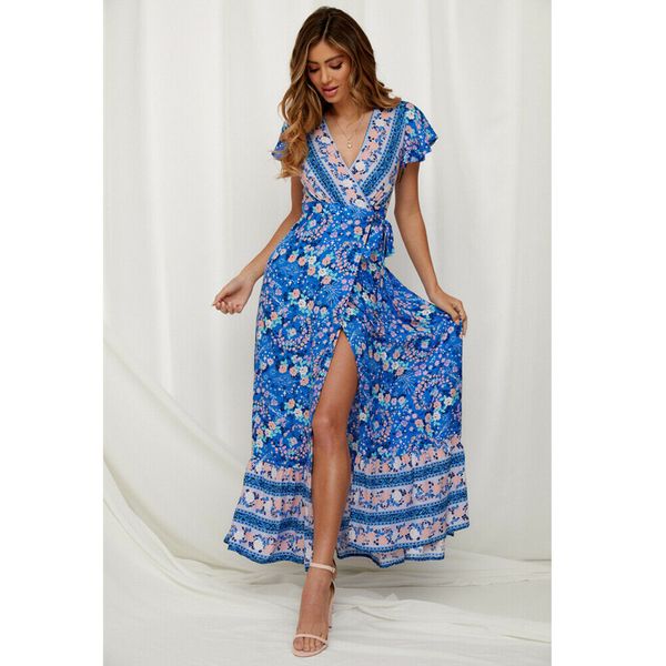 

women's boho brazilian floral chiffon summer dress sundress deep v neck party evening beach long maxi dress sundress
