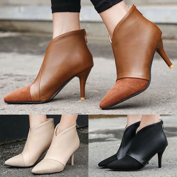 

women's leather boots ankle boots thin heels shoes zip buckle casual short fashion boot women shoes zapatos mujer 2019, Black