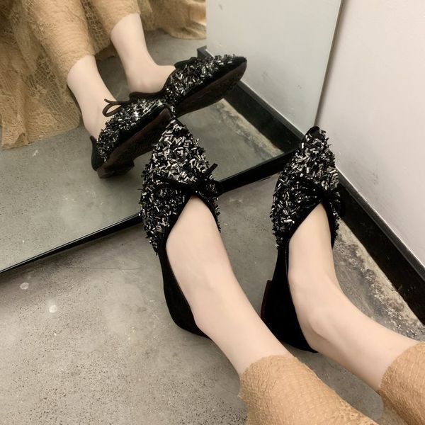 

2019 new style online celebrity spring shoes women flat versatile gentle female shallow mouth side scoop bootie bow sequin mocco, Black