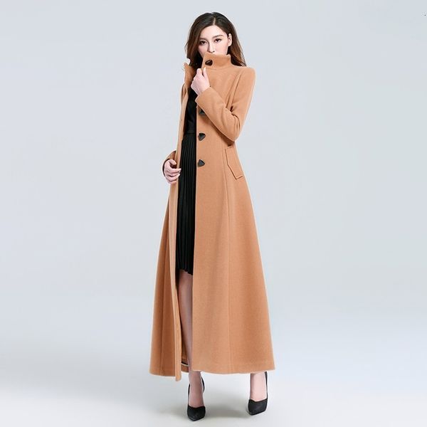 

women's wool & blends women winter slim fit super long woolen coat stand collar windbreaker jacket office ladies outwear coats sobretud, Black