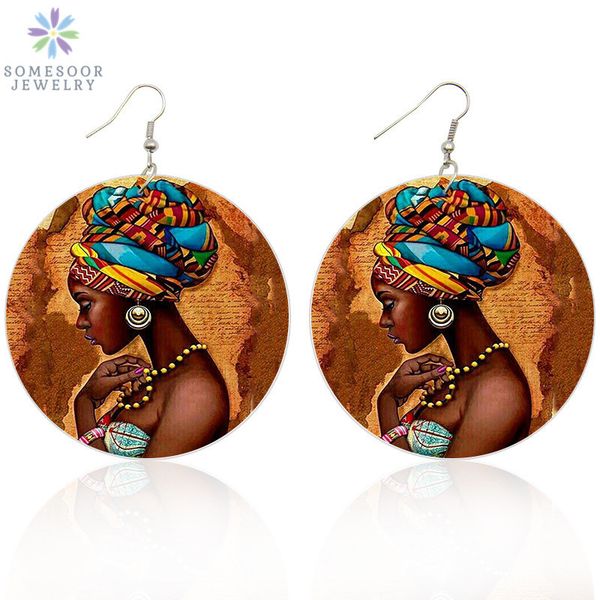 

somesoor vinatge african headwrap woman wood drop earrings afrocentric ethnic boths side painting jewelry for blacks gifts 1pair, Silver